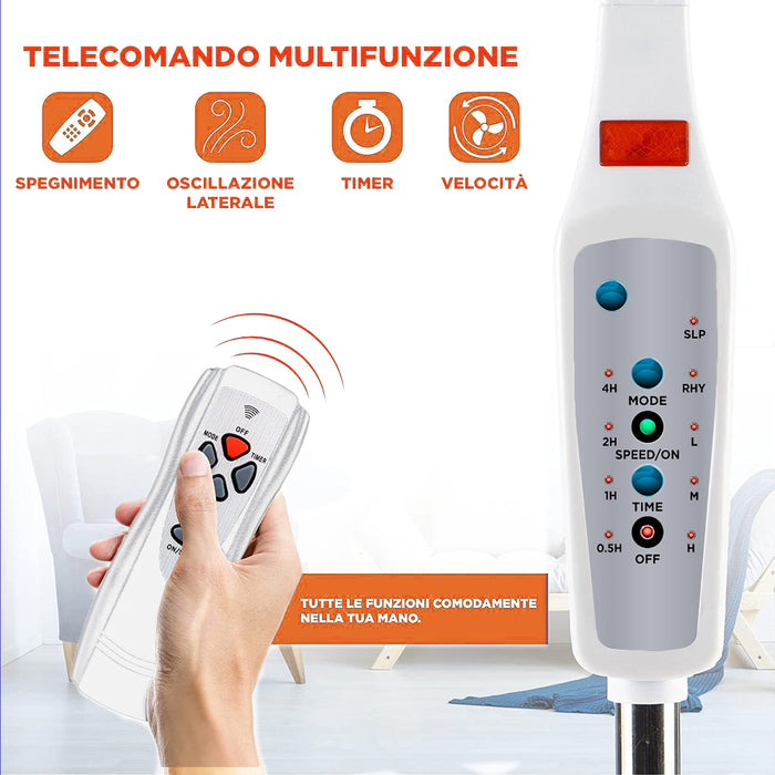 Ventilatore a Piantana Base Tonda con Telecomando 50W Bianco 3 Velocità + Timer