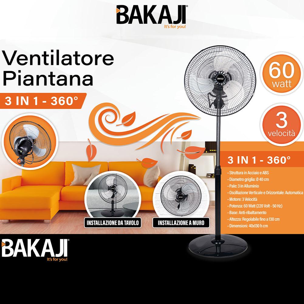 Ventilatore a Piantana 3in1  Base Tonda Pala 40 cm Oscillante - 60W - 3 Velocità