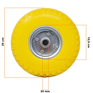 Ruota Piena Antiforatura PU Gialla Carrello Carriola 25cm Cerchio in Acciaio