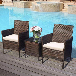 Set da Giardino Marrone 2 Poltrone + Tavolino Rattan x Esterno con Cuscini Beige