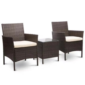 Set da Giardino Marrone 2 Poltrone + Tavolino Rattan x Esterno con Cuscini Beige