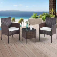 Set da Giardino Marrone 2 Poltrone + Tavolino Rattan x Esterno con Cuscini Beige