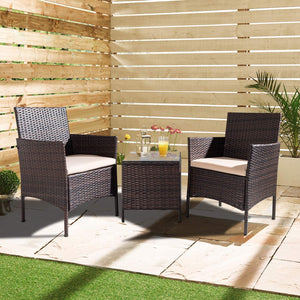 Set da Giardino Marrone 2 Poltrone + Tavolino Rattan x Esterno con Cuscini Beige