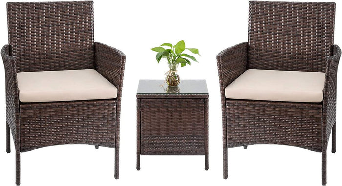 Set da Giardino Marrone 2 Poltrone + Tavolino Rattan x Esterno con Cuscini Beige