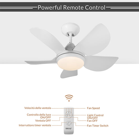 Ventilatore da Soffitto 5 Pale Lampada con Luce LED e Telecomando 76 cm Bianco