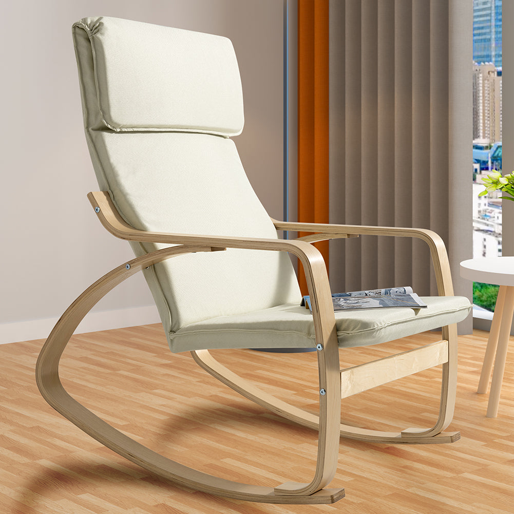 Sedia a Dondolo Poltrona Relax in Cotone Beige con Schienale Cuscino Ergonomici