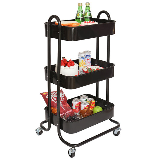 Carrello da Cucina 3 Ripiani con Ruote e 3 Cesti Portaoggetti46x40x84cm Nero