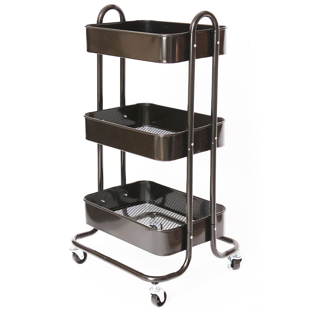 Carrello da Cucina 3 Ripiani con Ruote e 3 Cesti Portaoggetti46x40x84cm Nero