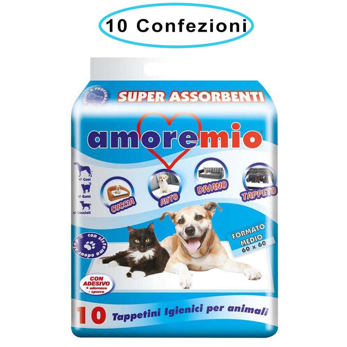 Amore mio tappetini igienici per cani cm 60x60 basic con polimeri 10 confezioni da 10 tappetini