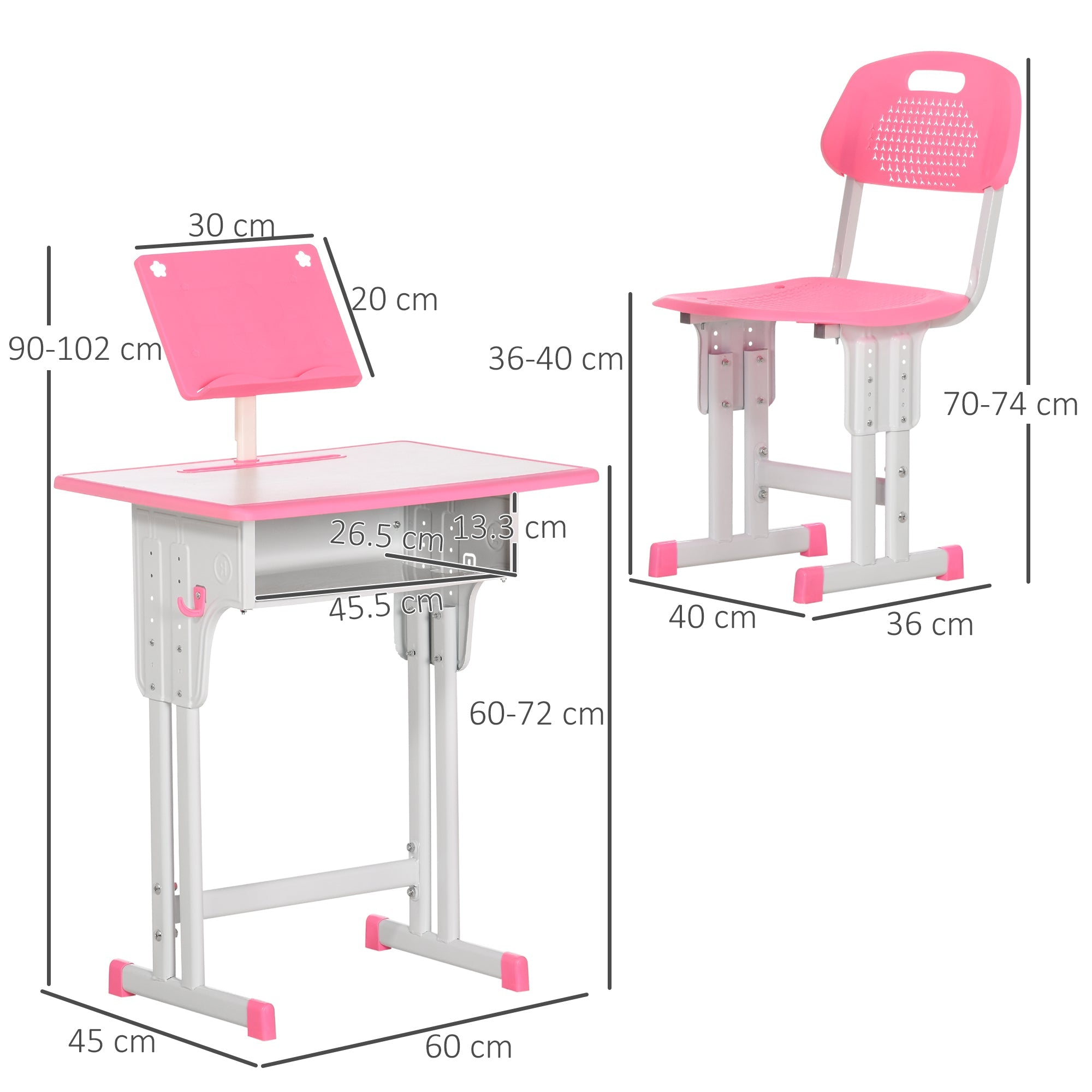 Banco Scuola per Bambini con Sedia ad Altezza Regolabile in Acciaio e MDF Rosa