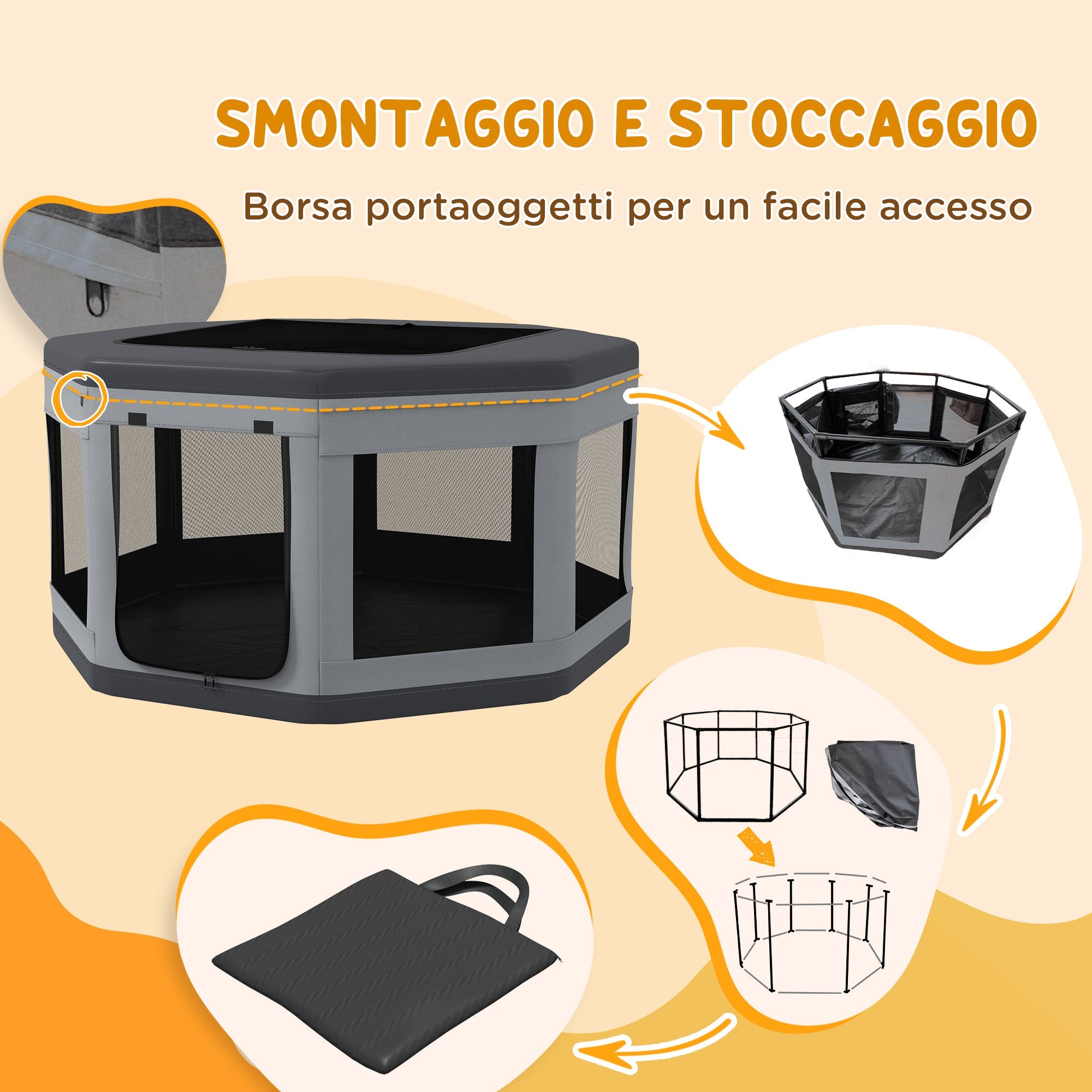 Box per Cani e Gatti con 7 Finestre e 2 Ingressi Ø124x62 cm in tessuto Oxford Nylon e PP Grigio e Nero