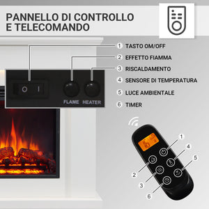 Camino elettrico da terra Pandora | Fiamma 3D riscaldamento 2000W, luce LED | Telecomando, timer, termostato | Bianco