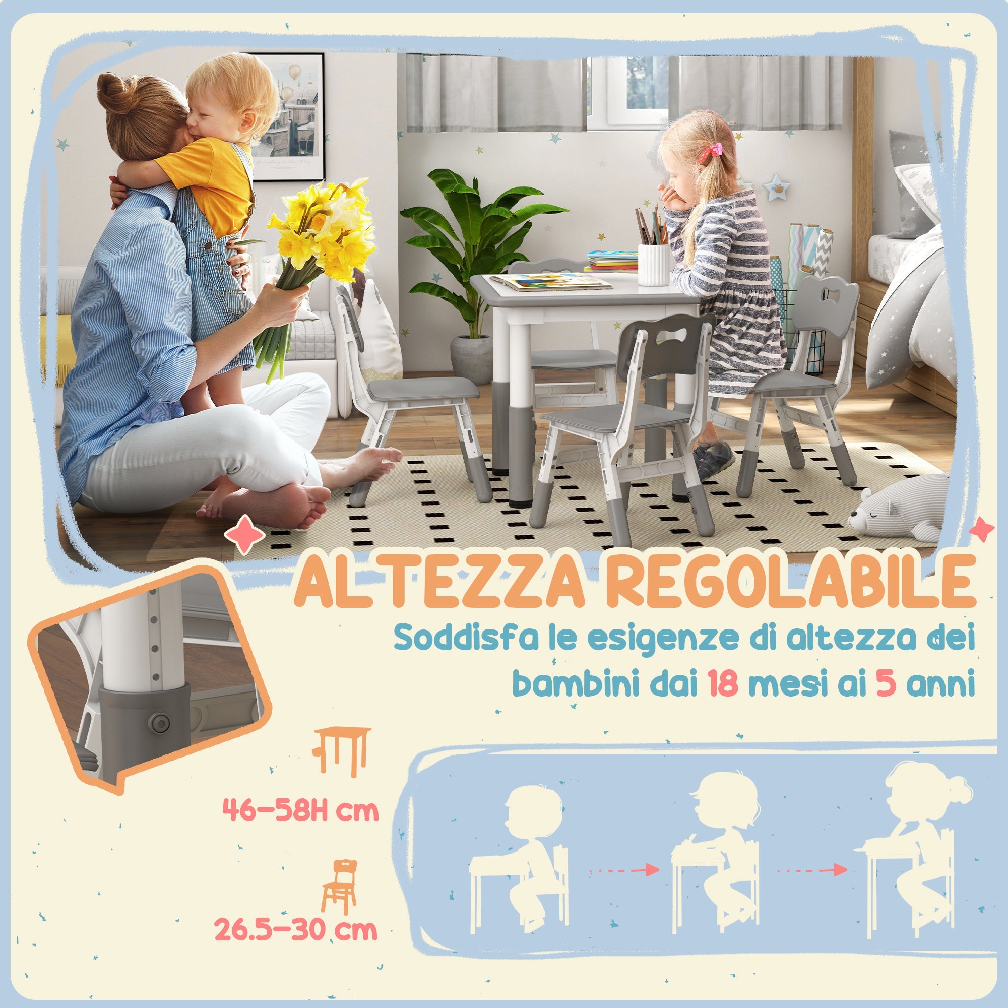 Set Tavolo con 4 Sedie per Bambini Altezza Regolabile Grigio