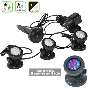 Set 3 faretti per laghetto con sensore di accensione sommergibili led 3000