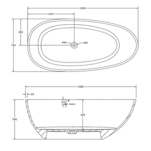 Vasca da bagno free standing lisa artificial stone bianco opaco matt *** misure l150x76x54 cm, confezione 1