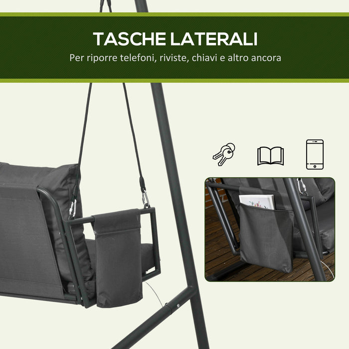 Dondolo da Giardino 2 Posti con Cuscini e Tasche 168x117x181 cm in Acciaio e Textilene Grigio Scuro