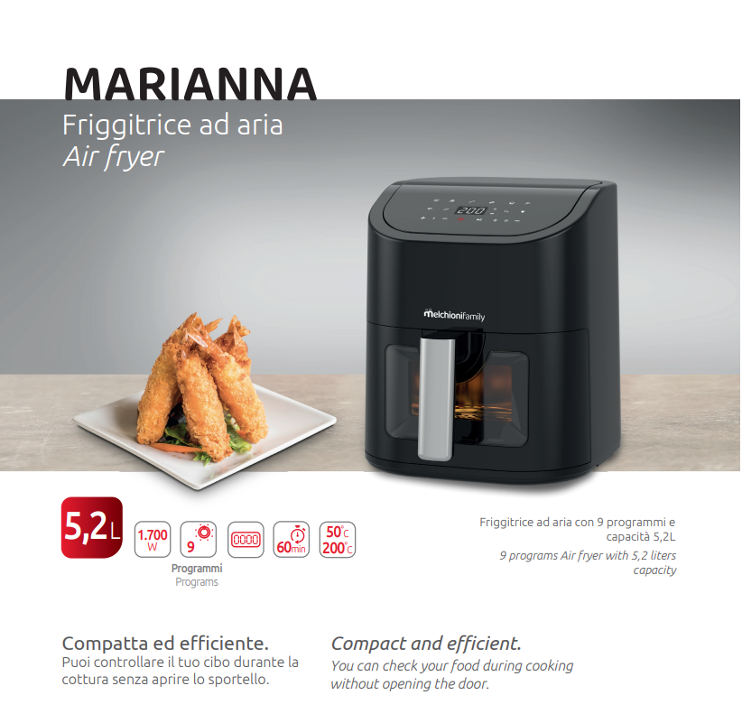 Melchioni Family | Friggitrice ad Aria MARIANNA, Capacità 5,2 litri, con Finestra Trasparente e Display Digitale, Air Fryer Senza Olio con 9 Programmi, 50-200°, Colore Nero 