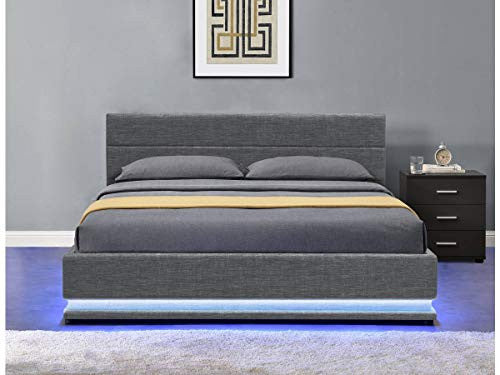 Letto contenitore 140x190 cm grigio scuro con LED rivestimento lino Habitat et Jardin