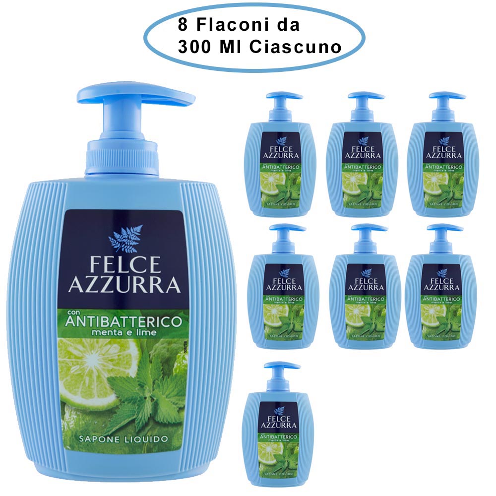 Felce azzurra sapone liquido con antibatterico menta e lime 8 flaconi da 300 ml ciascuno