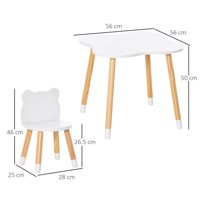 Set Tavolino con 2 Sedie per Bambini a Forma di Orsetto in Legno di Pino e MDF Bianco