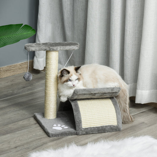 Albero Tiragraffi per Gatti Cuccia e 2 Palline 40x30x43 cm in Peluche con Palo in Sisal Grigio