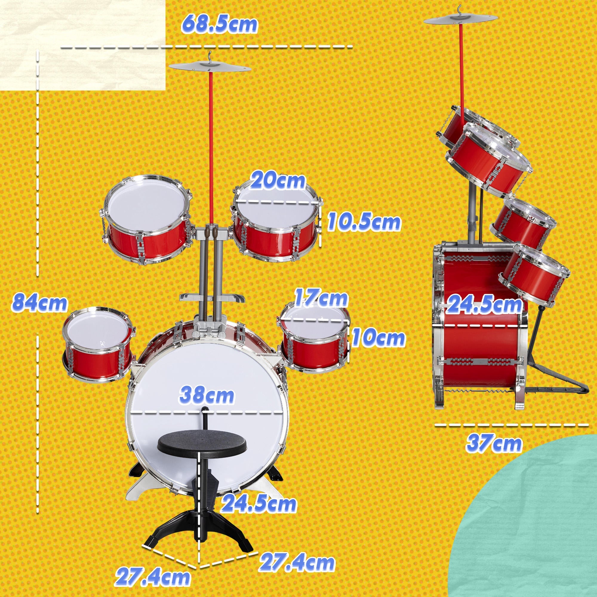 Batteria Musicale Giocattolo per Bambini Grancassa 4 Tamburi e Piatti con Bacchette e Sgabello Rosso