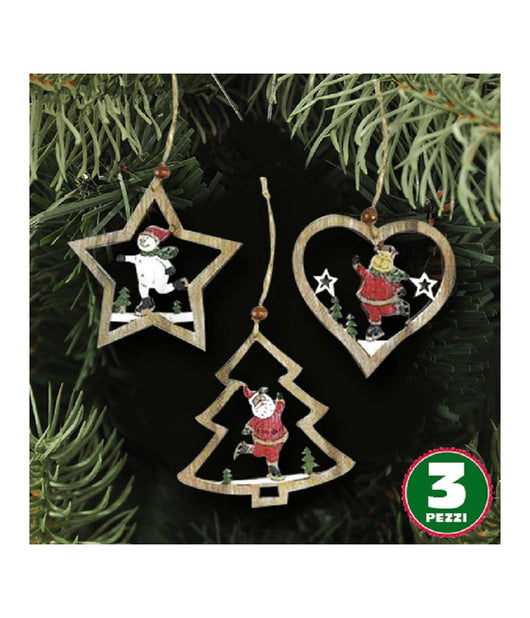 3pz Appendini Natale In Legno Forma Stella Albero Cuore Con Personaggio 10,5cm         