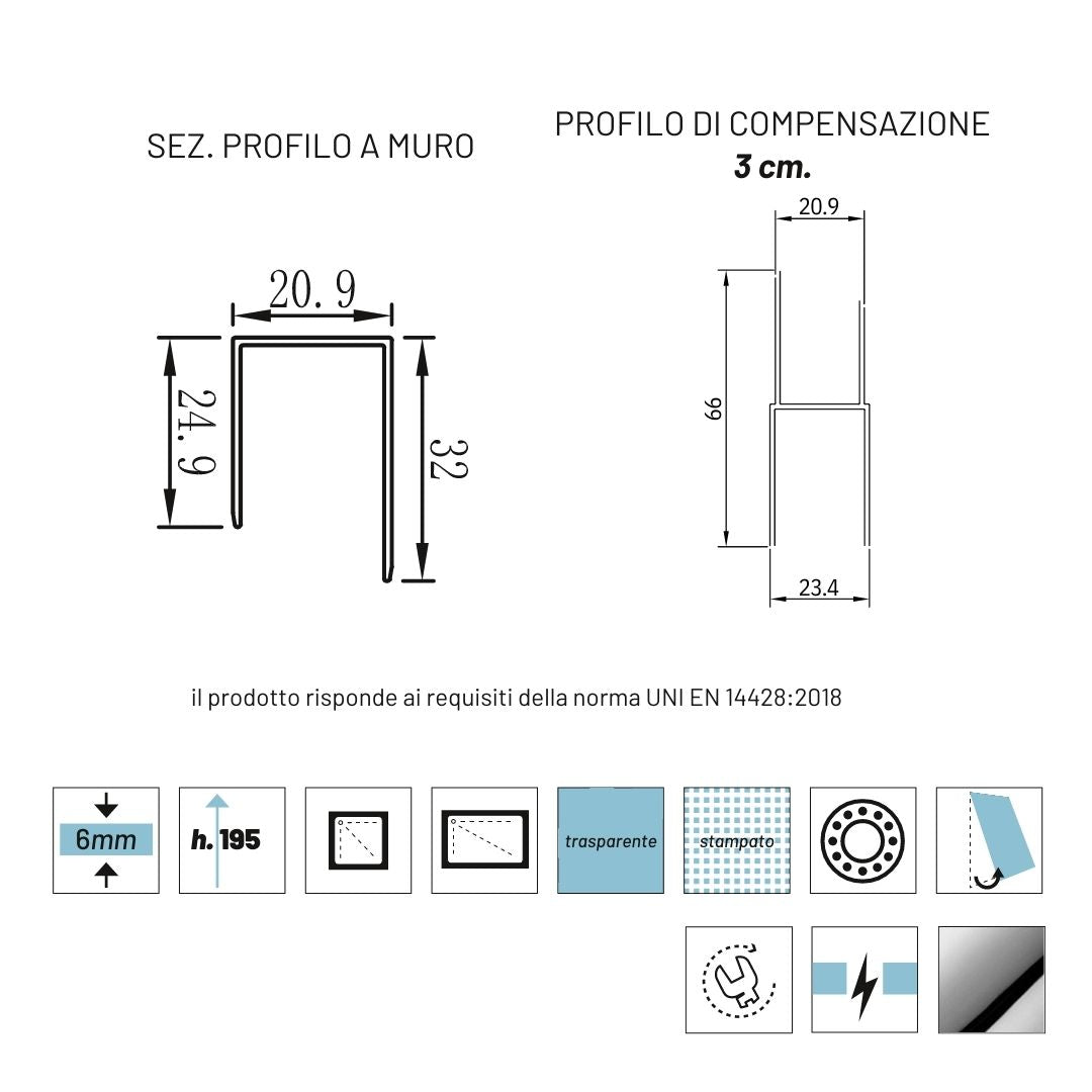 Lato porta box doccia angolare nicchia dafne cristallo 6 mm 140 cm trasparente