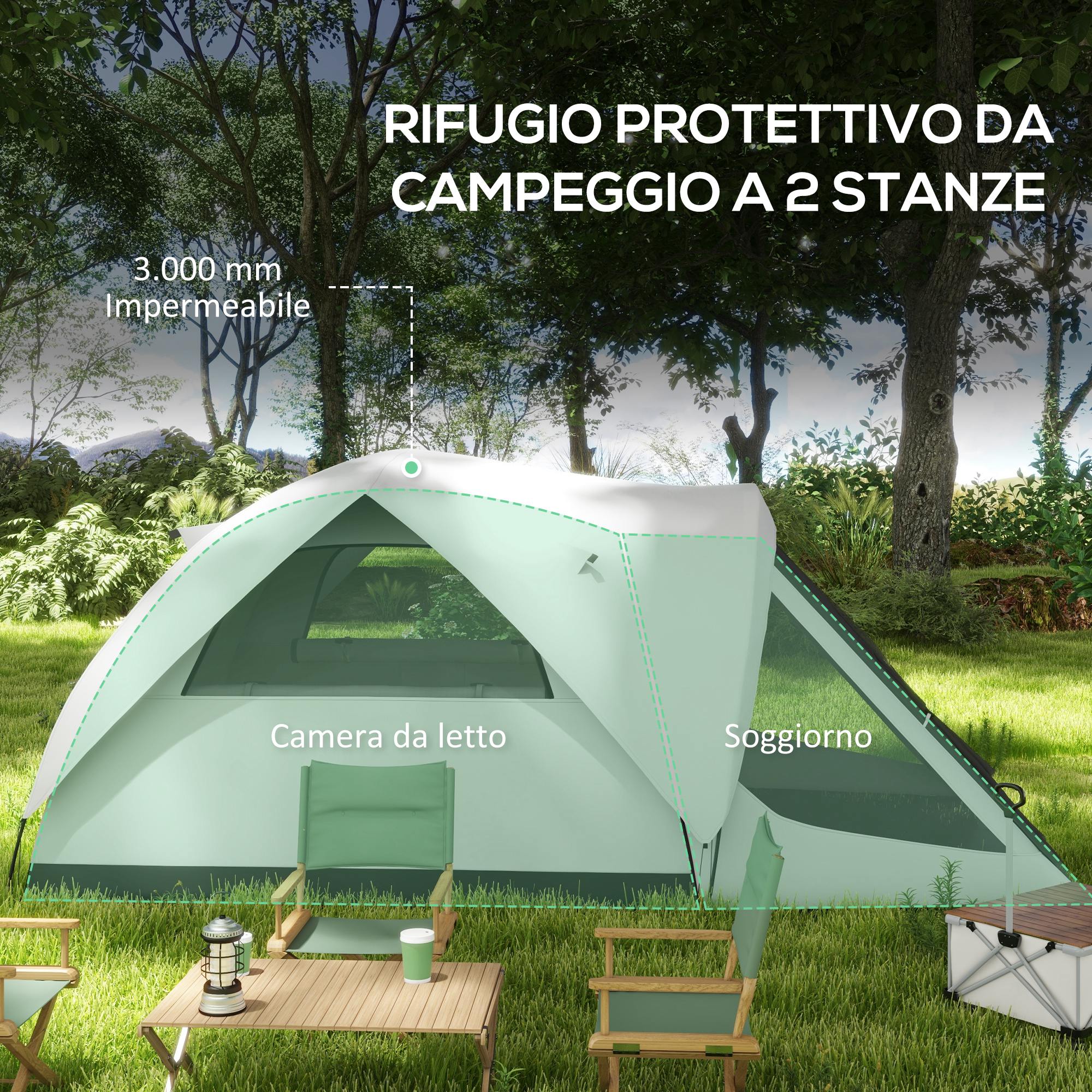 Tenda da Campeggio 4 Posti Impermeabile con Zona Notte e Zona Giorno 430x300x190 cm in Poliestere Grigio