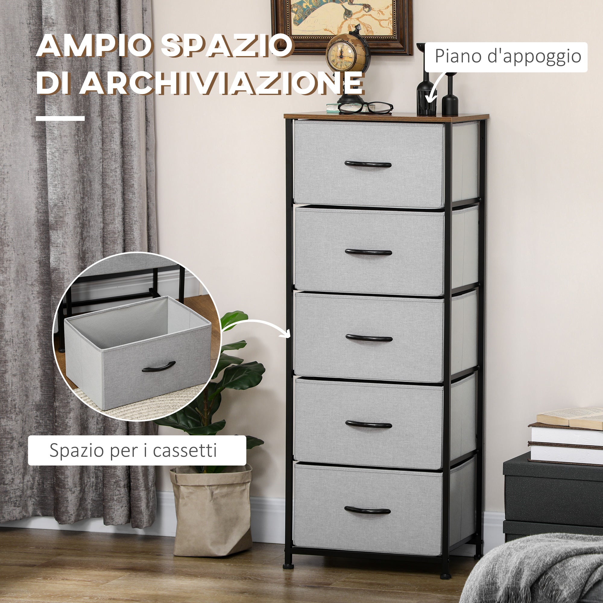 Cassettiera 8 Cassetti 45x30x116 cm in Legno e Acciaio Marrone Grigio e Nero