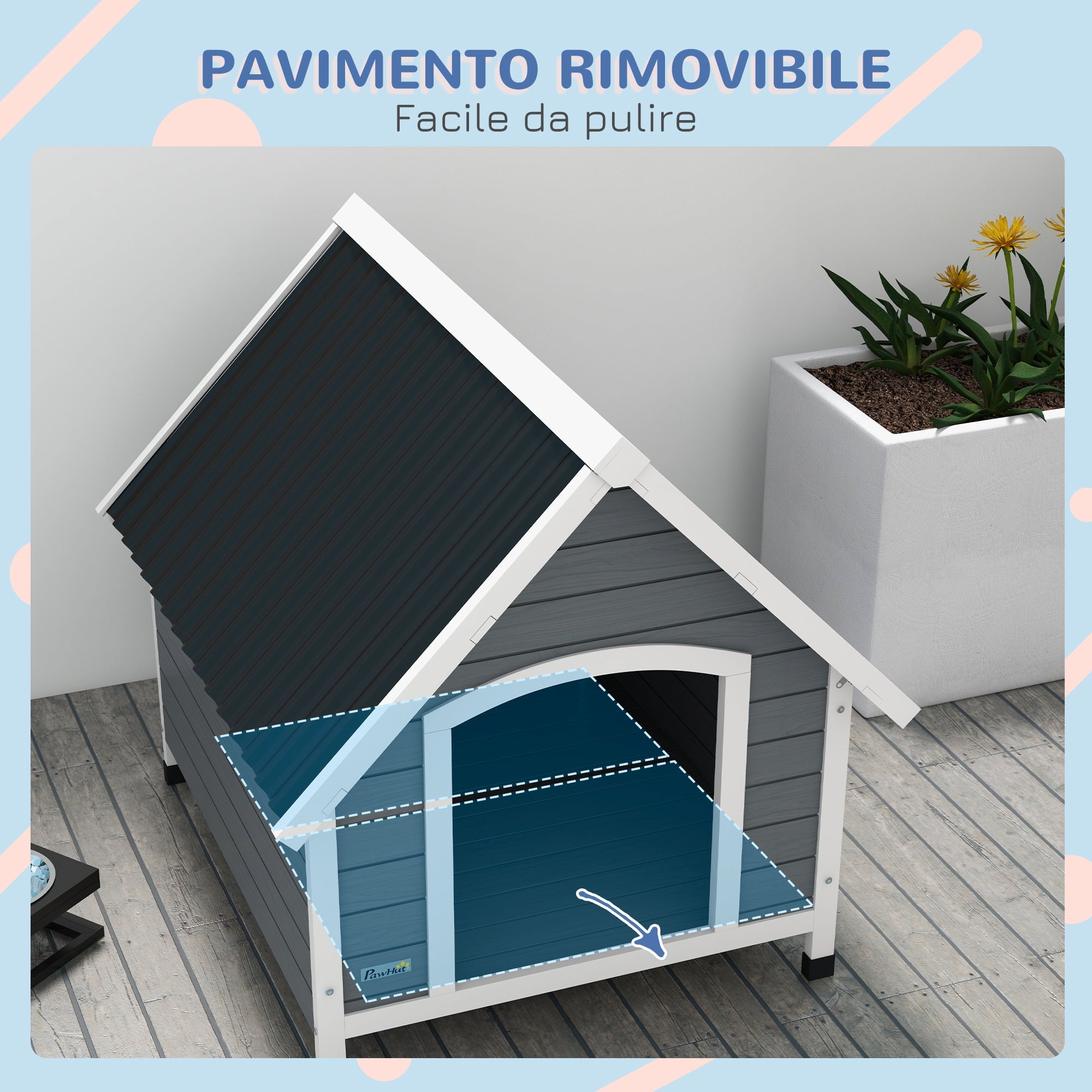 Cuccia per Cani Grandi da Esterno Pavimento Rimovibile 84x99x87 cm in Legno Grigio