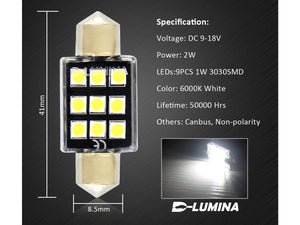 4 Lampada Led T11 Canbus 41mm 12V 2W Effettivo Con 6 Smd 3030 Bianco 6000K No Polarita