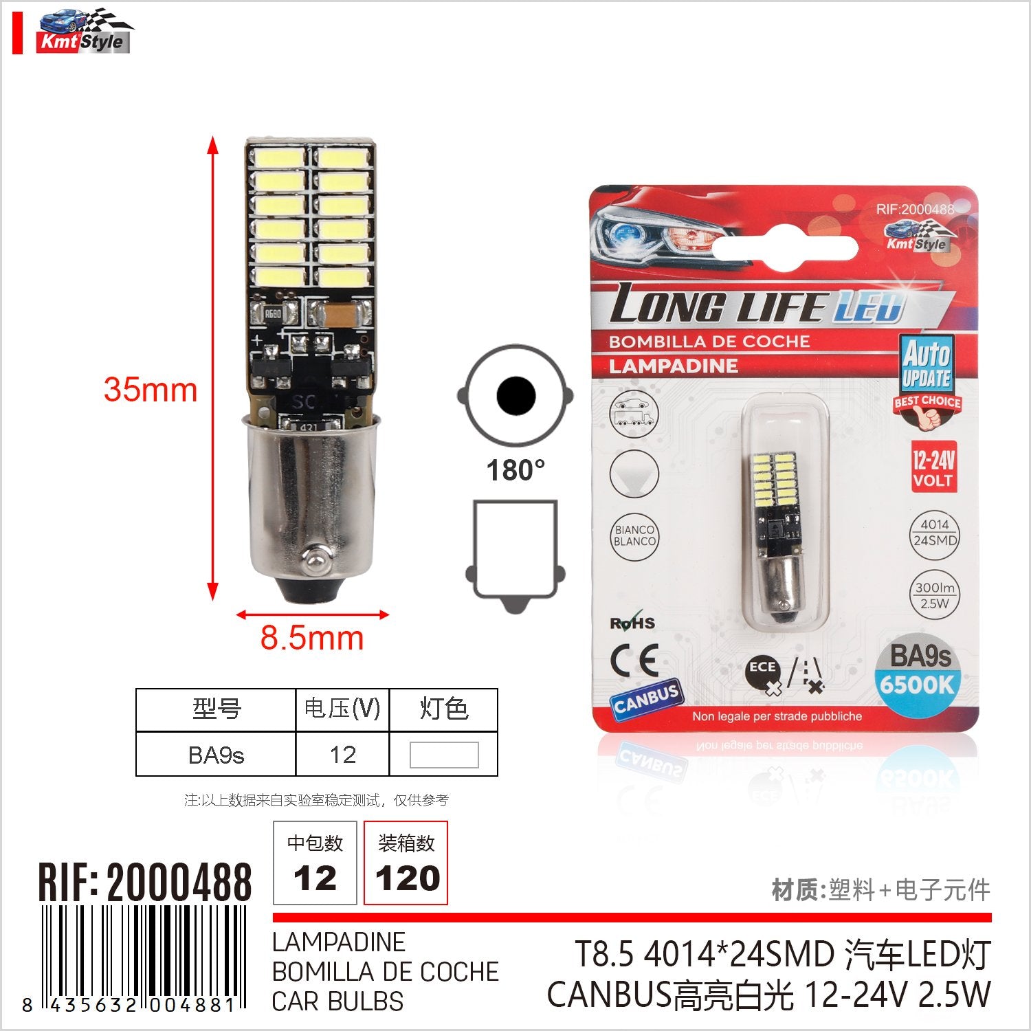 4 Pezzi Lampada Led BA9S T4W 35mm 24 SMD 4014 12V 24V 300lm 2.5W Bianco 6500K Attacco Dritto per Auto e Camion