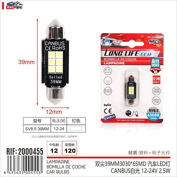 4 Pezzi Lampada Led Siluro 39mm Canbus T11 SV8.5 C5W C10W 6 SMD 3030 12V 24V 2.5W 300lm Bianco 6500K per Auto e Camion