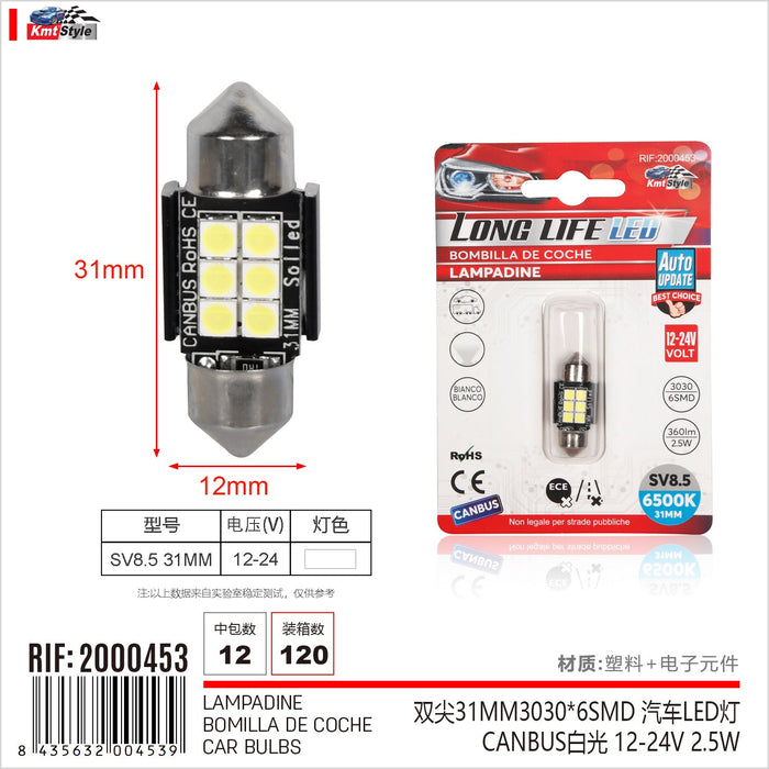 4 Pezzi Lampada Led Siluro 31mm Canbus T11 SV8.5 C5W C10W 6 SMD 3030 12V 24V 2.5W 360lm Bianco 6500K per Auto e Camion