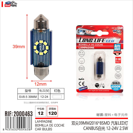 4 Pezzi Lampada Led Siluro 39mm Canbus T11 SV8.5 C5W C10W 8 SMD 2016 12V 24V 2.5W 120lm Bianco 6500K per Auto e Camion