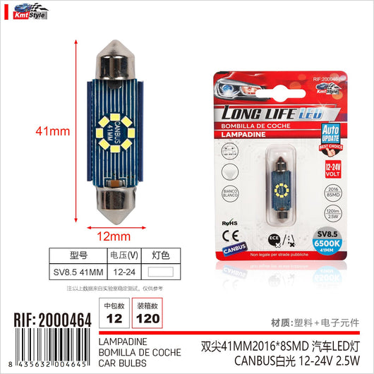 4 Pezzi Lampada Led Siluro 41mm Canbus T11 SV8.5 C5W C10W 8 SMD 2016 12V 24V 2.5W 120lm Bianco 6500K per Auto e Camion