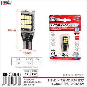 4 Pezzi Lampada Led T15 W16W 45 SMD 4014 12V 24V 300lm 3W Bianco 6500K Attacco Dritto 40mm per Auto e Camion