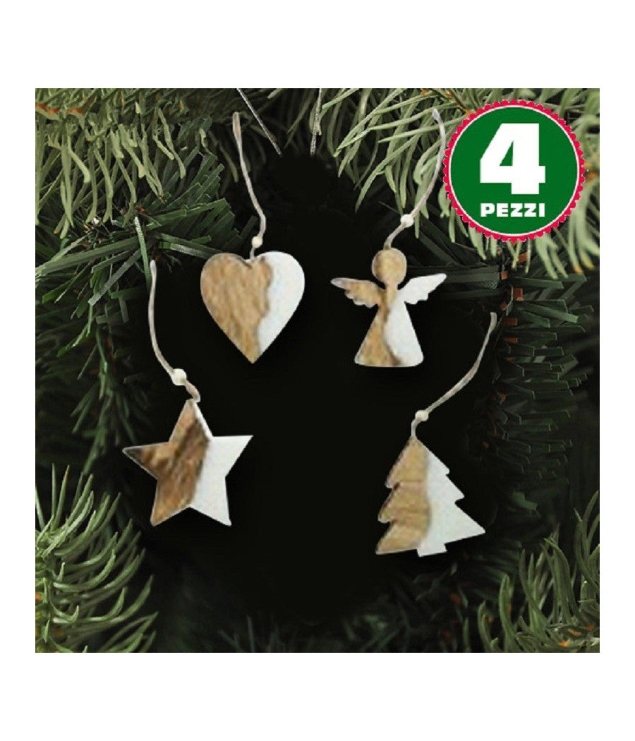 4 Appendini Natale In Legno Ovatta Forma Stella Albero Angelo Cuore 11cm Bianco         