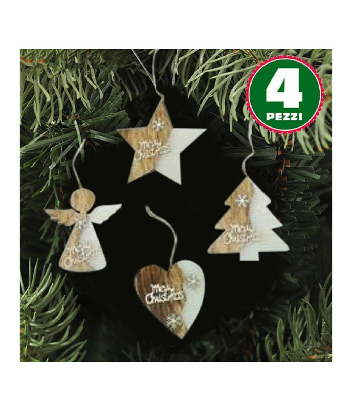 4 Appendini Natale In Legno Ovatta Forma Stella Albero Angelo Cuore Con Scritta Merry Christmas         