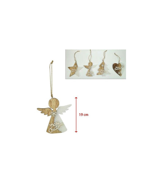 4 Appendini Natale In Legno Ovatta Forma Stella Albero Angelo Cuore Con Scritta Merry Christmas         