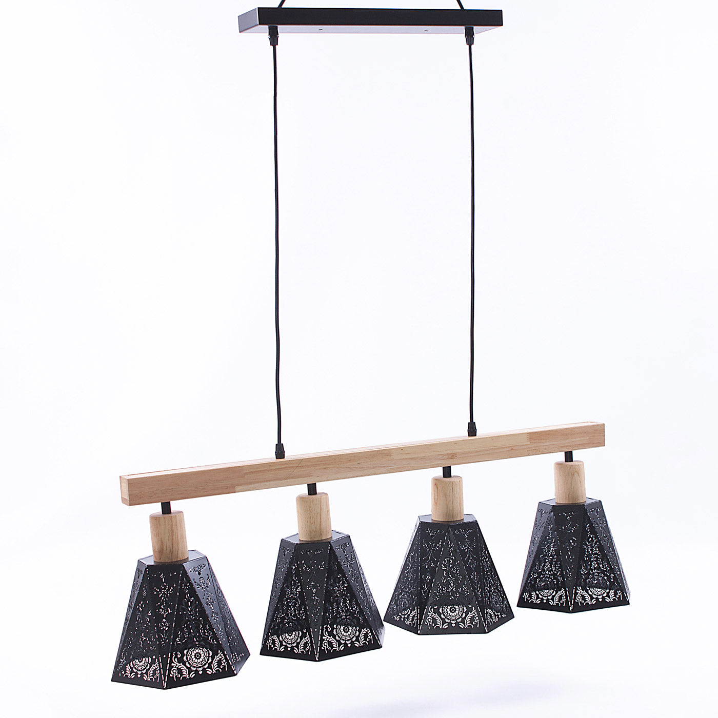 Lampadario a 4 Luci 90x18xH30 cm in Metallo Nero e Legno Naturale