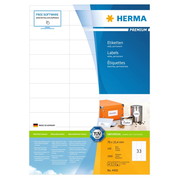 HERMA Etichette Permanenti PREMIUM A4 70x25,4 mm 100 Fogli 443754