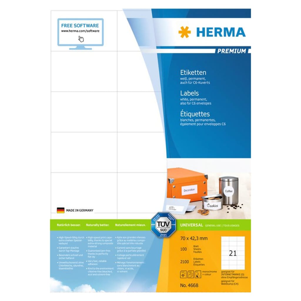 HERMA Etichette Permanenti PREMIUM A4 70x42,3 mm 100 Fogli 443780