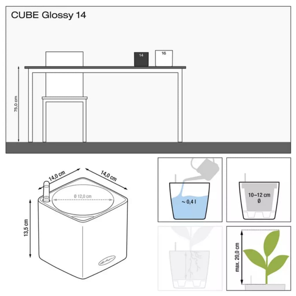 LECHUZA Fioriera da Tavolo CUBE Glossy CAT 14 ALL-IN-ONE Bianco Lucido 441325