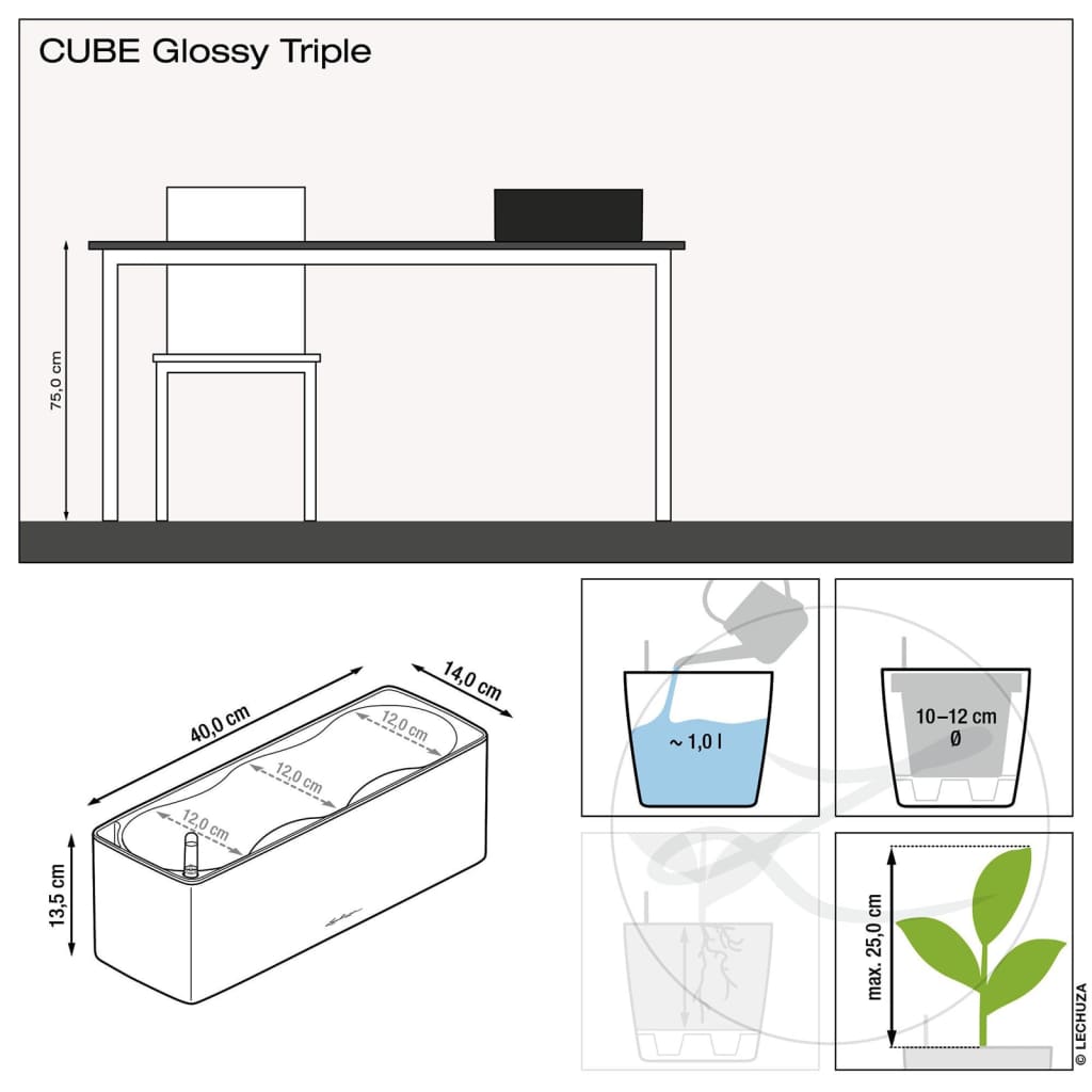 LECHUZA Fioriera CUBE Glossy Triple ALL-IN-ONE Bianco Lucido 443314