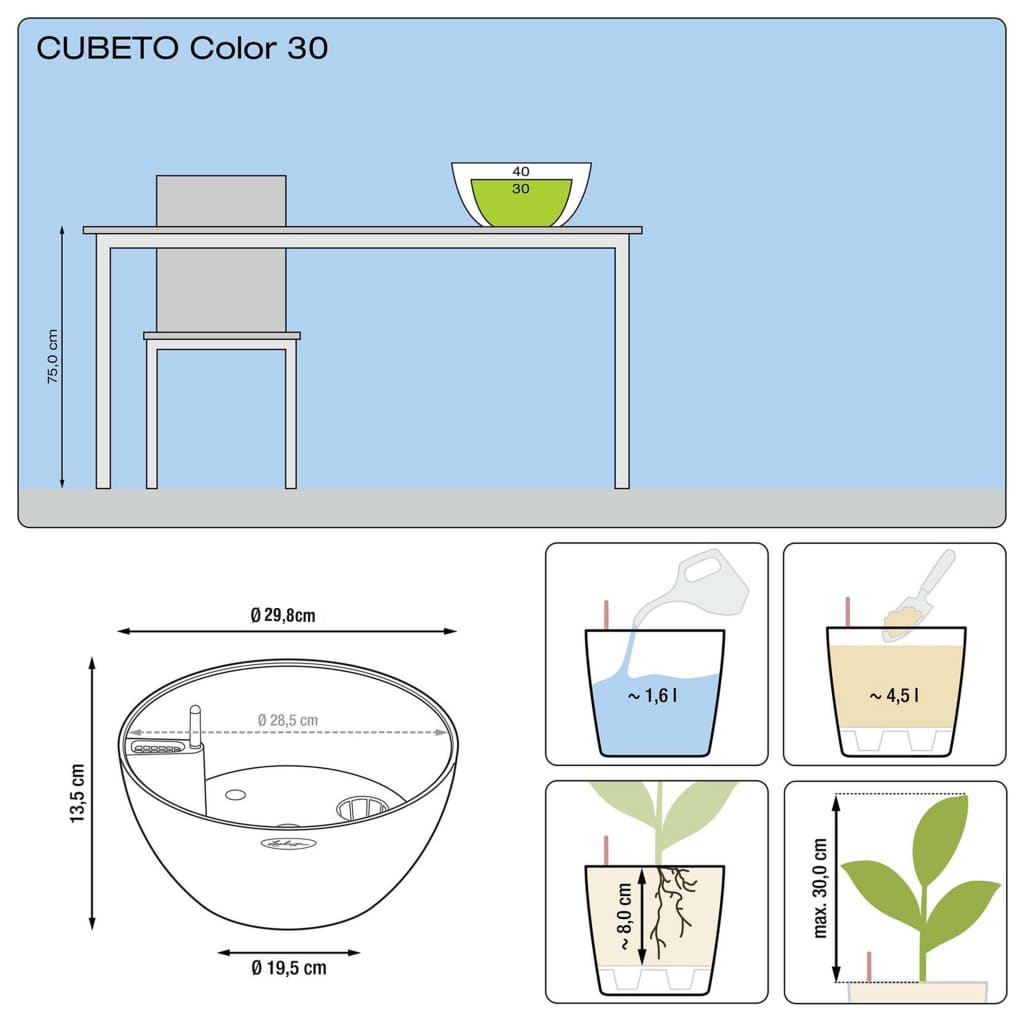 LECHUZA Fioriera CUBETO Color 30 ALL-IN-ONE Grafite Nero 13832