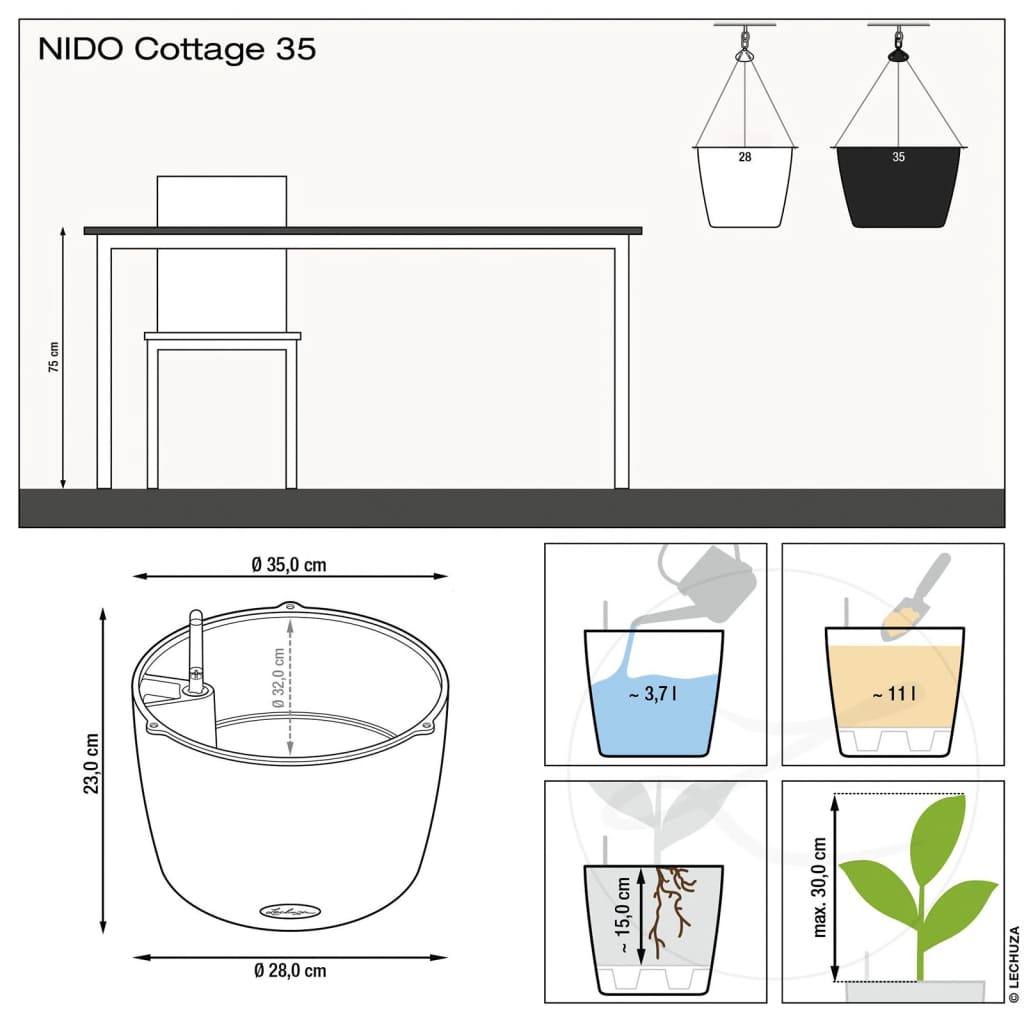 LECHUZA Fioriera Sospesa NIDO Cottage 35 ALL-IN-ONE Nero Grafite 441323