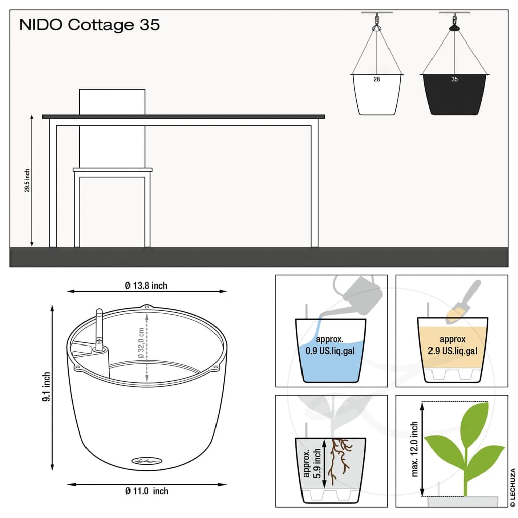 LECHUZA Fioriera Sospesa NIDO Cottage 35 ALL-IN-ONE Nero Grafite 441323