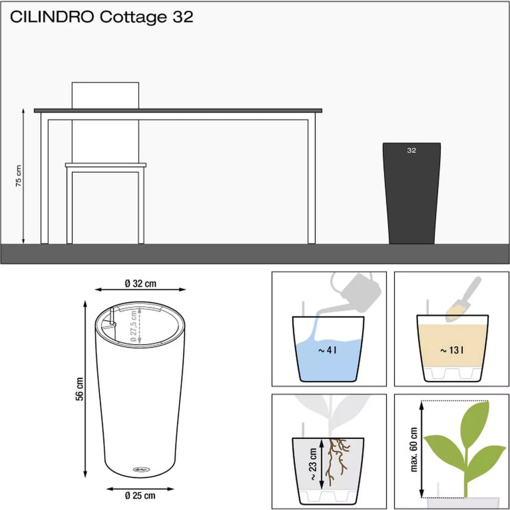 LECHUZA Fioriera CILINDRO Cottage 32 ALL-IN-ONE Diametro 32 cm Sabbia 446108